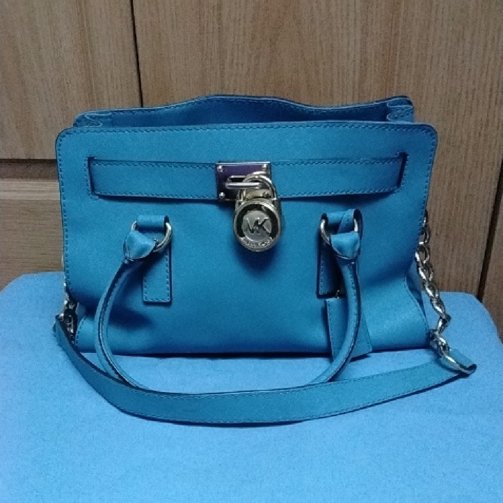 MICHAEL Michael Kors Blue Leather Satchel with Gold Accent